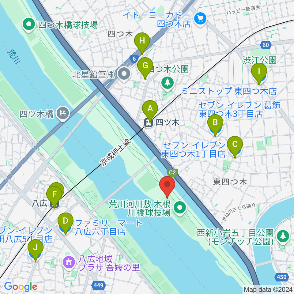 木根川橋少年野球場周辺のコンビニエンスストア一覧地図