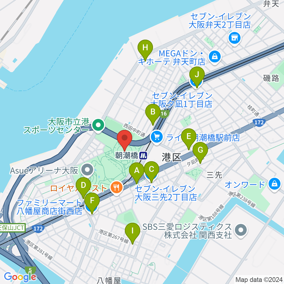 Asue大阪プール周辺のコンビニエンスストア一覧地図