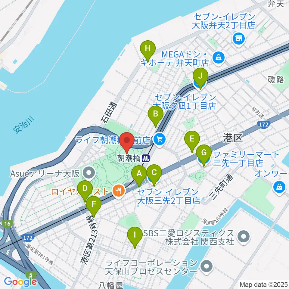 Asue大阪プール周辺のコンビニエンスストア一覧地図