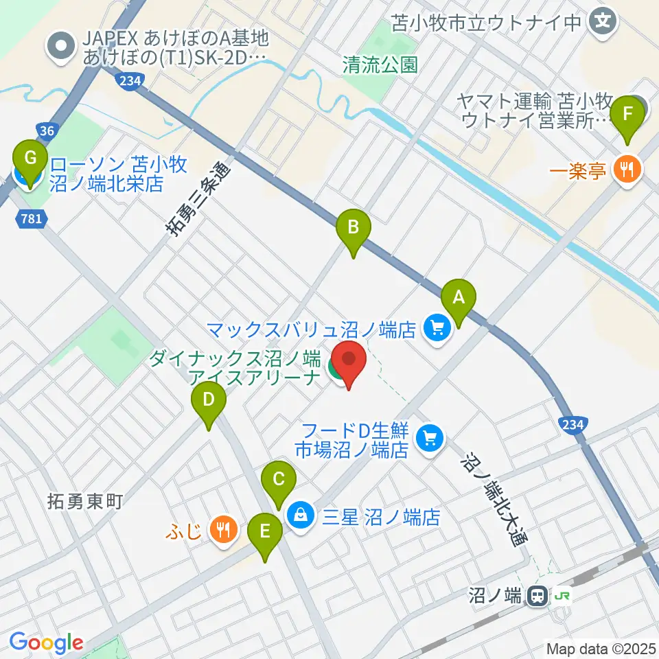 ダイナックス沼ノ端アイスアリーナ周辺のコンビニエンスストア一覧地図