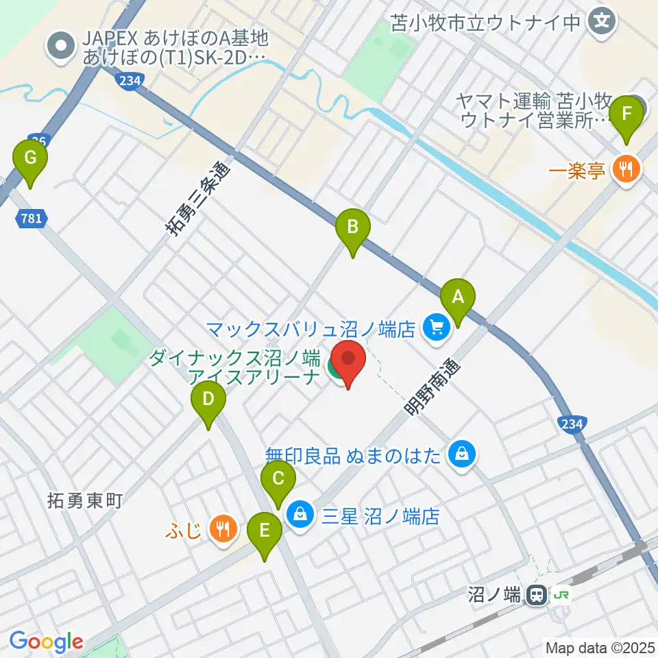 ダイナックス沼ノ端アイスアリーナ周辺のコンビニエンスストア一覧地図
