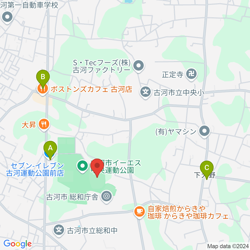 古河市イーエス中央運動公園陸上競技場周辺のコンビニエンスストア一覧地図