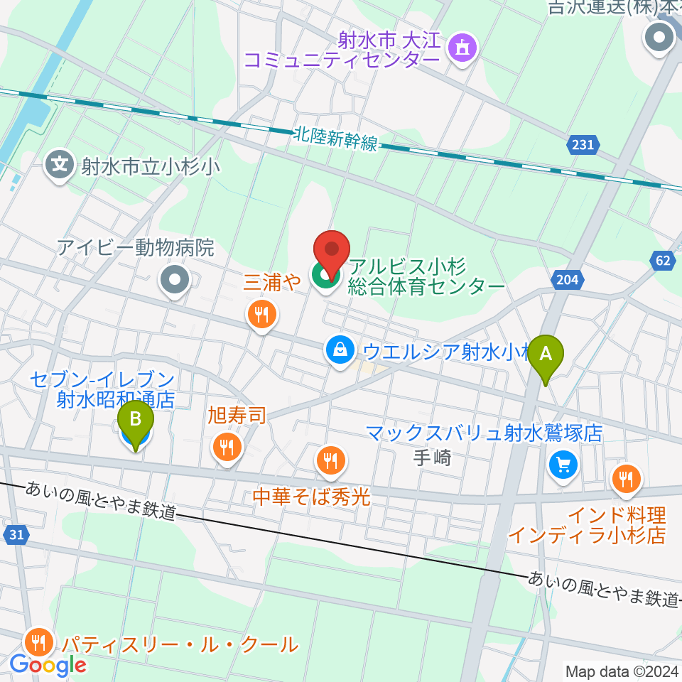 アルビス小杉総合体育センター周辺のコンビニエンスストア一覧地図