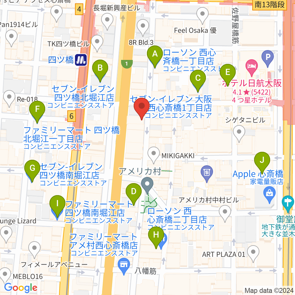 ミュージックランドKEY心斎橋店周辺のコンビニエンスストア一覧地図