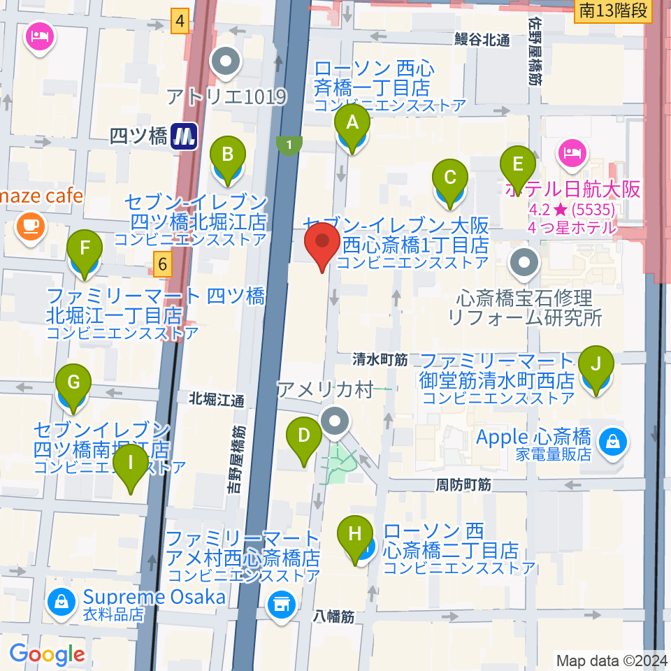 ミュージックランドKEY心斎橋店周辺のコンビニエンスストア一覧地図