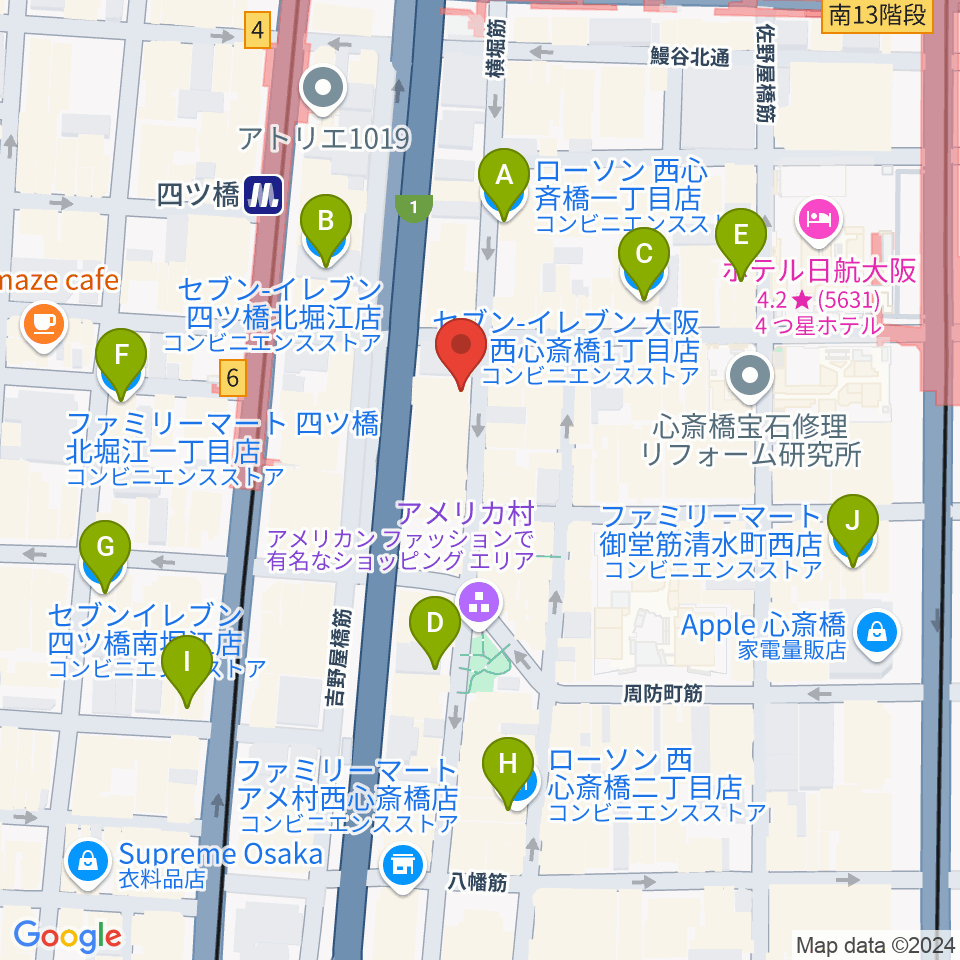 ミュージックランドKEY心斎橋店周辺のコンビニエンスストア一覧地図