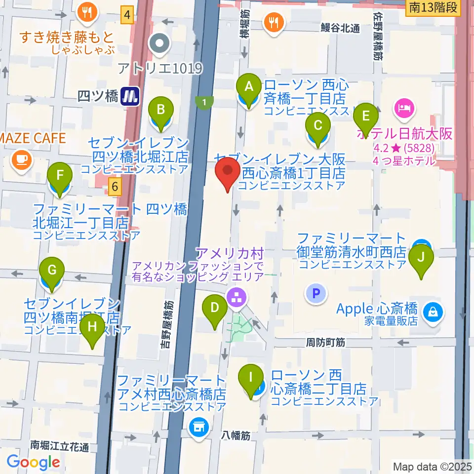 ミュージックランドKEY心斎橋店周辺のコンビニエンスストア一覧地図