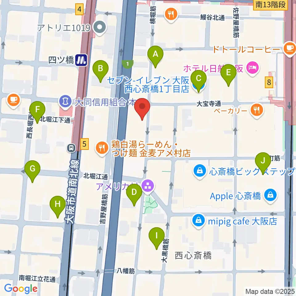 ミュージックランドKEY心斎橋店周辺のコンビニエンスストア一覧地図