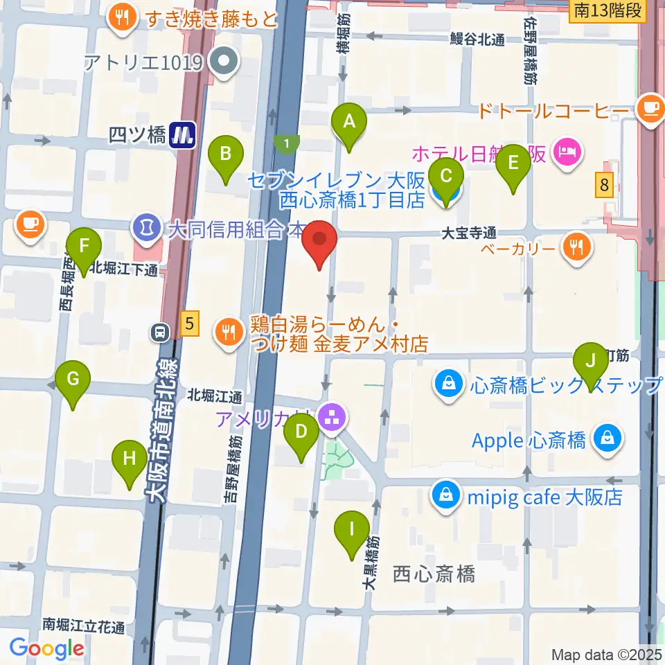 ミュージックランドKEY心斎橋店周辺のコンビニエンスストア一覧地図