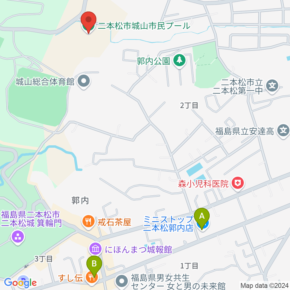 二本松しんきん城山プール周辺のコンビニエンスストア一覧地図