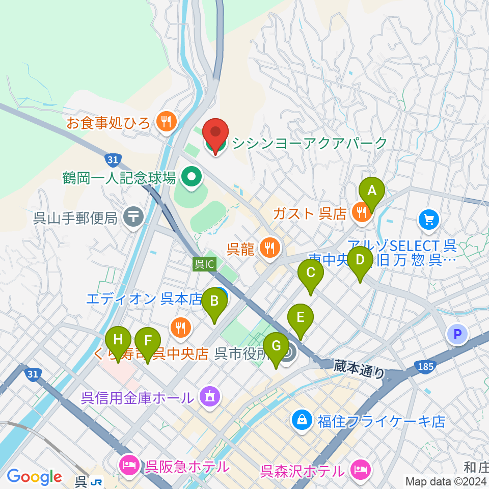 シシンヨーアクアパーク周辺のコンビニエンスストア一覧地図