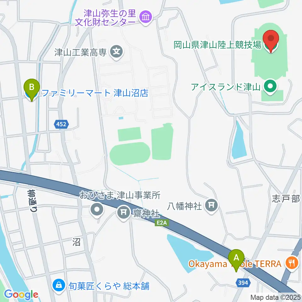 岡山県津山陸上競技場周辺のコンビニエンスストア一覧地図