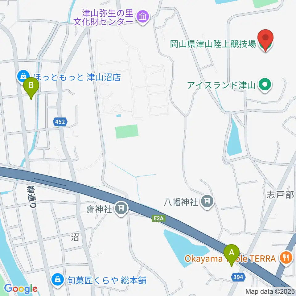 岡山県津山陸上競技場周辺のコンビニエンスストア一覧地図