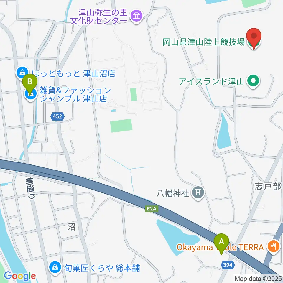 岡山県津山陸上競技場周辺のコンビニエンスストア一覧地図