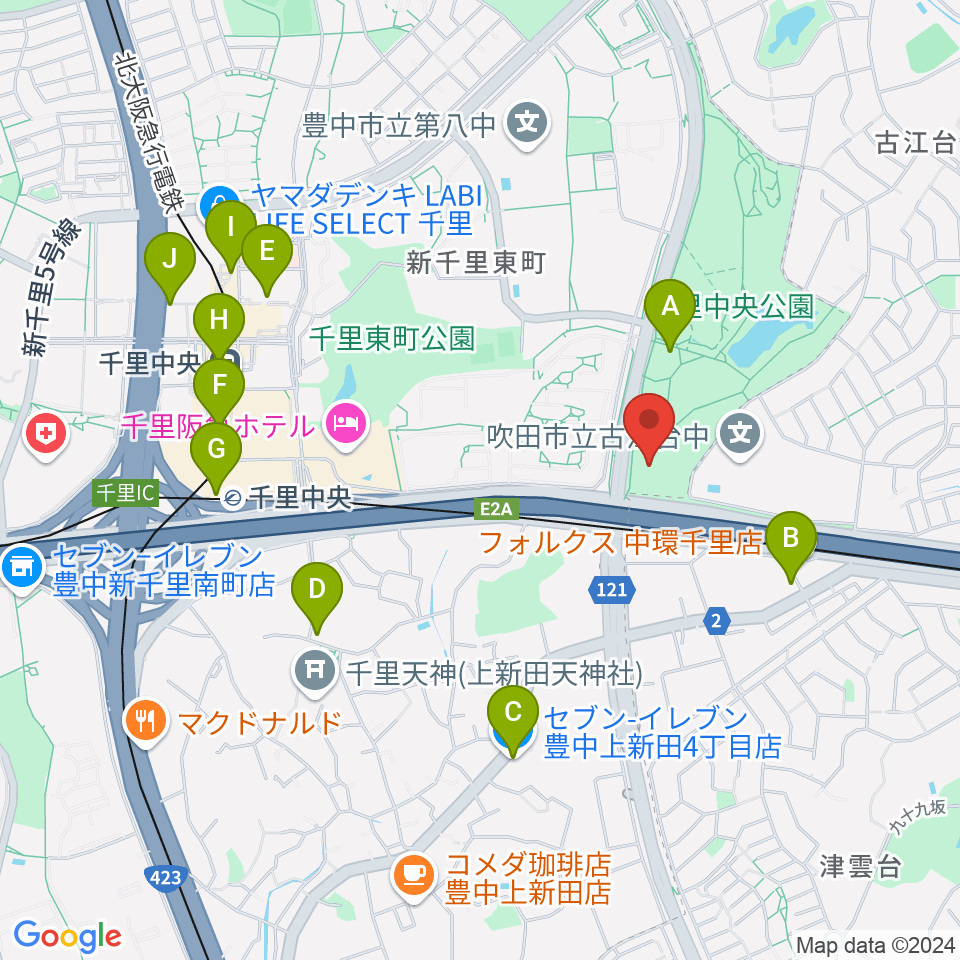 豊泉家千里体育館周辺のコンビニエンスストア一覧地図