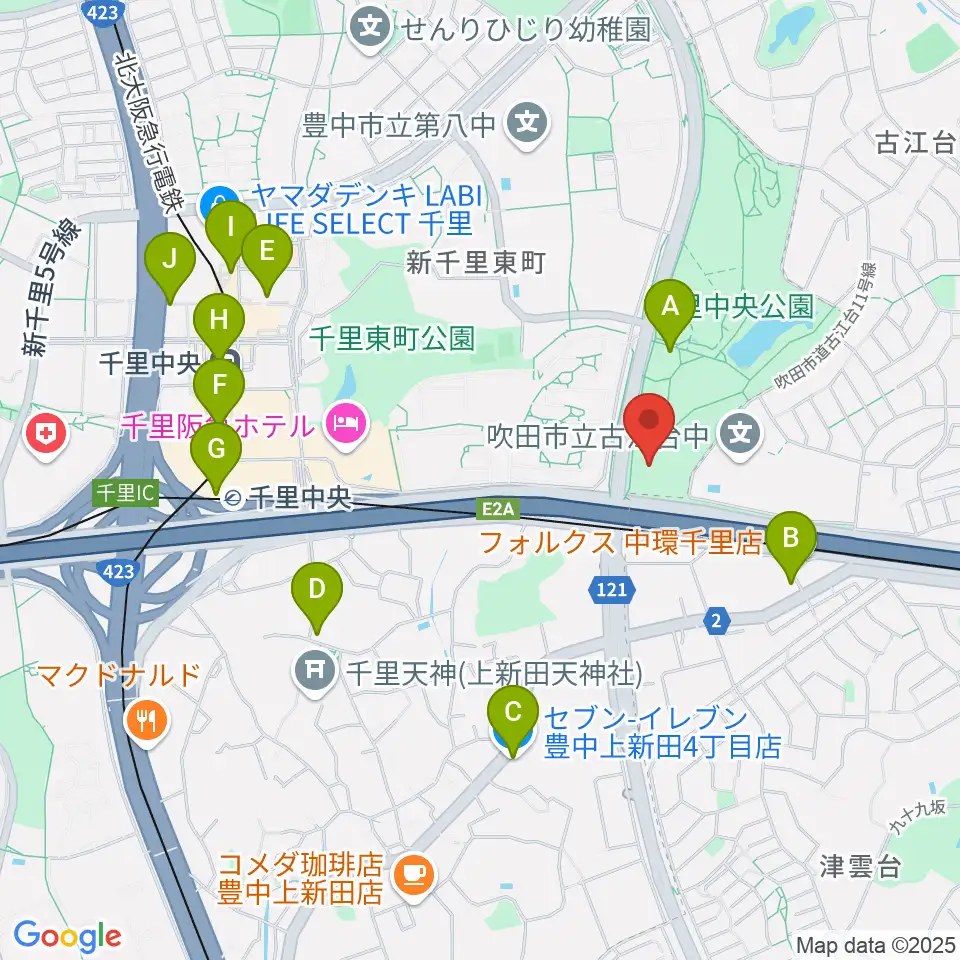 豊泉家千里体育館周辺のコンビニエンスストア一覧地図