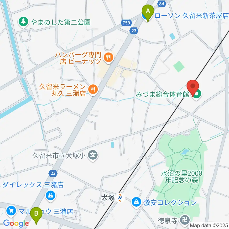 久留米市みづま総合体育館周辺のコンビニエンスストア一覧地図