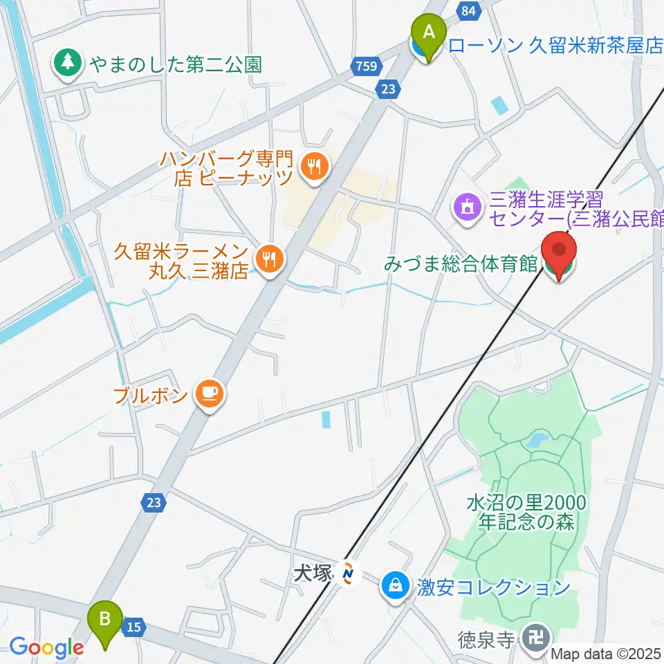 久留米市みづま総合体育館周辺のコンビニエンスストア一覧地図