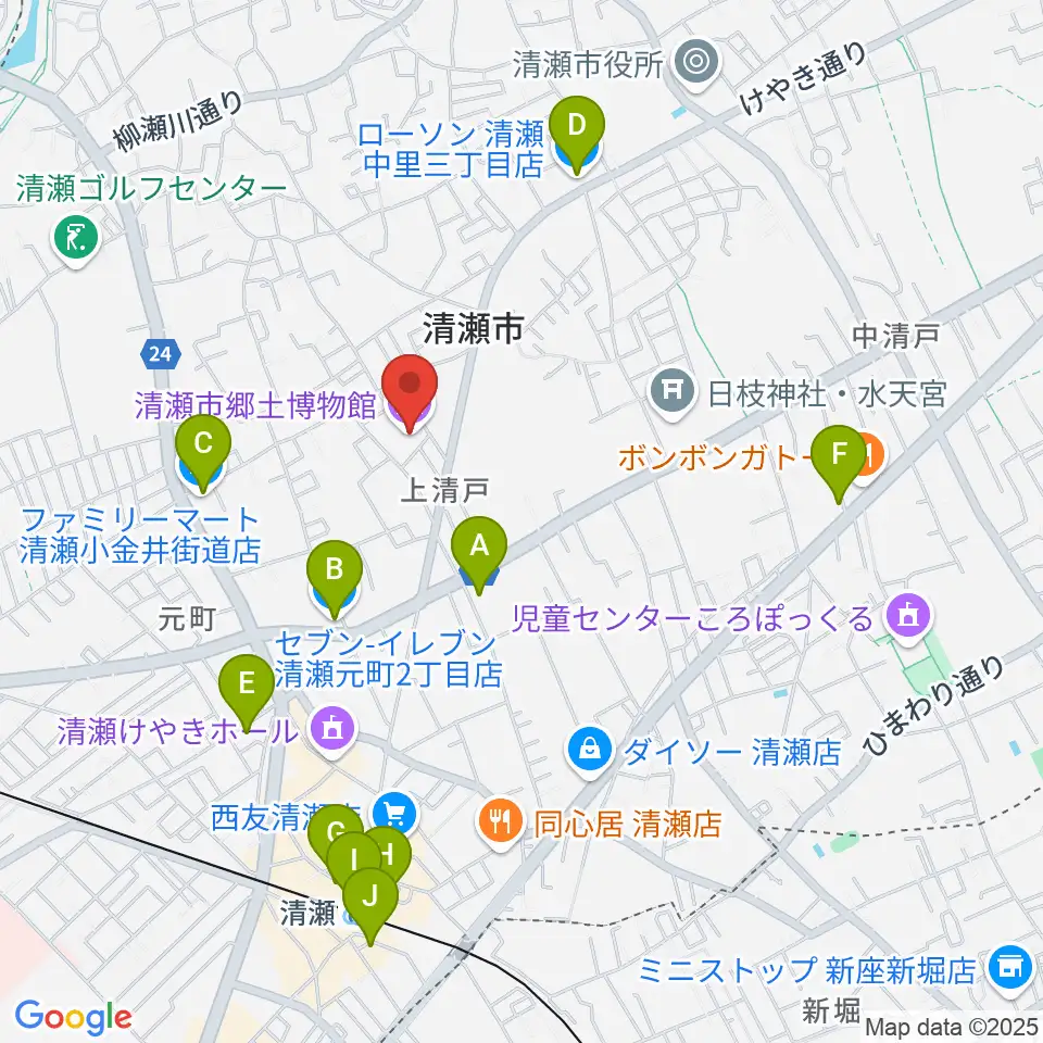 清瀬市郷土博物館周辺のコンビニエンスストア一覧地図