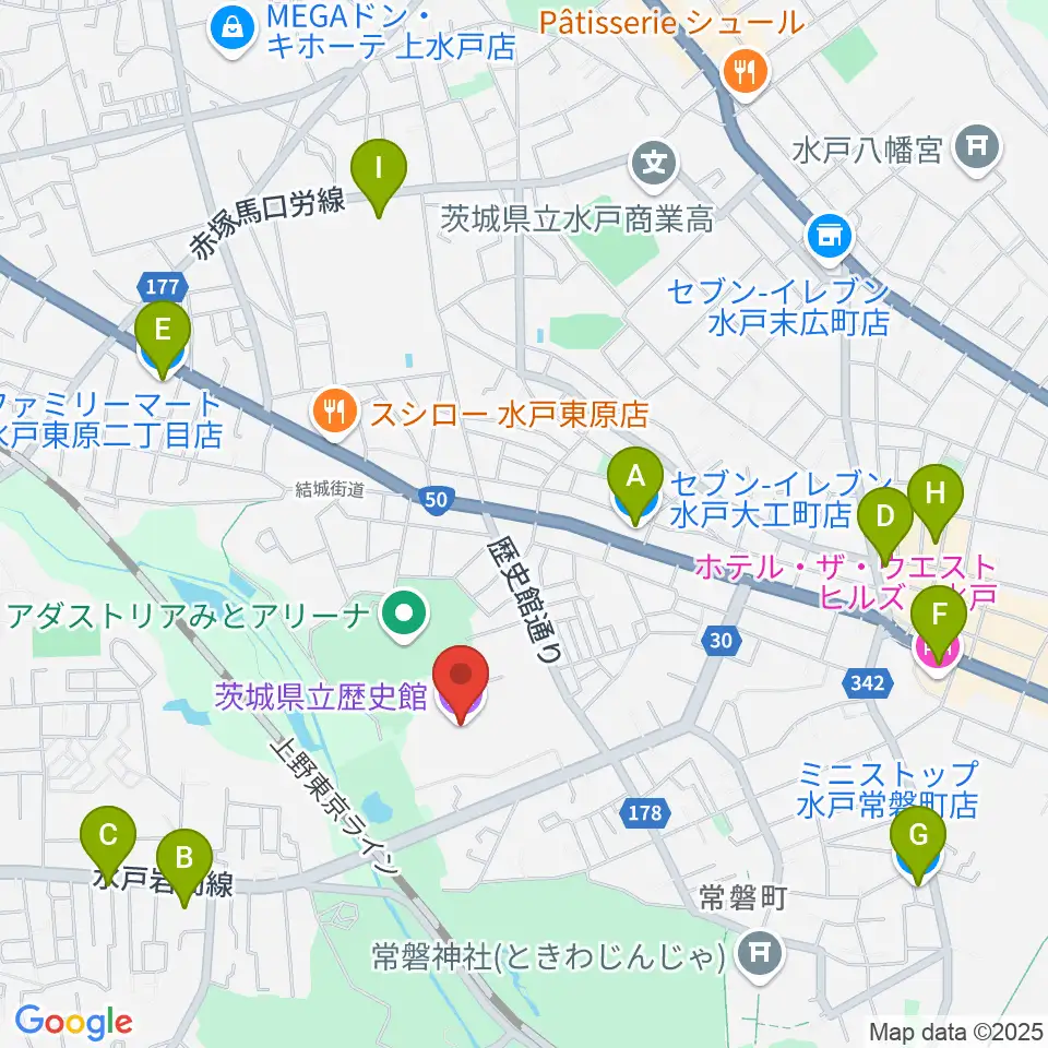 茨城県立歴史館周辺のコンビニエンスストア一覧地図