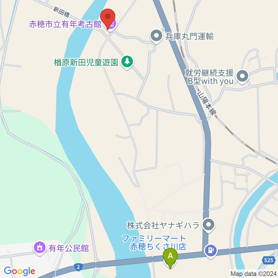 赤穂市立有年考古館周辺のコンビニエンスストア一覧地図