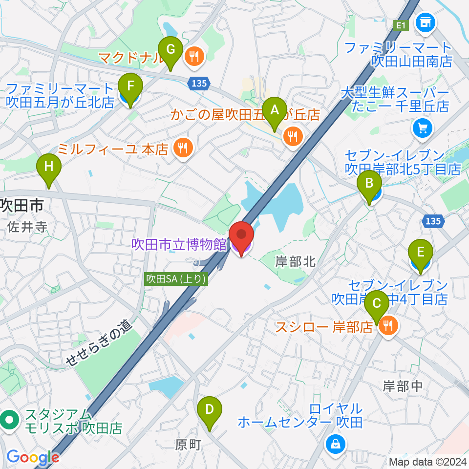 吹田市立博物館周辺のコンビニエンスストア一覧地図