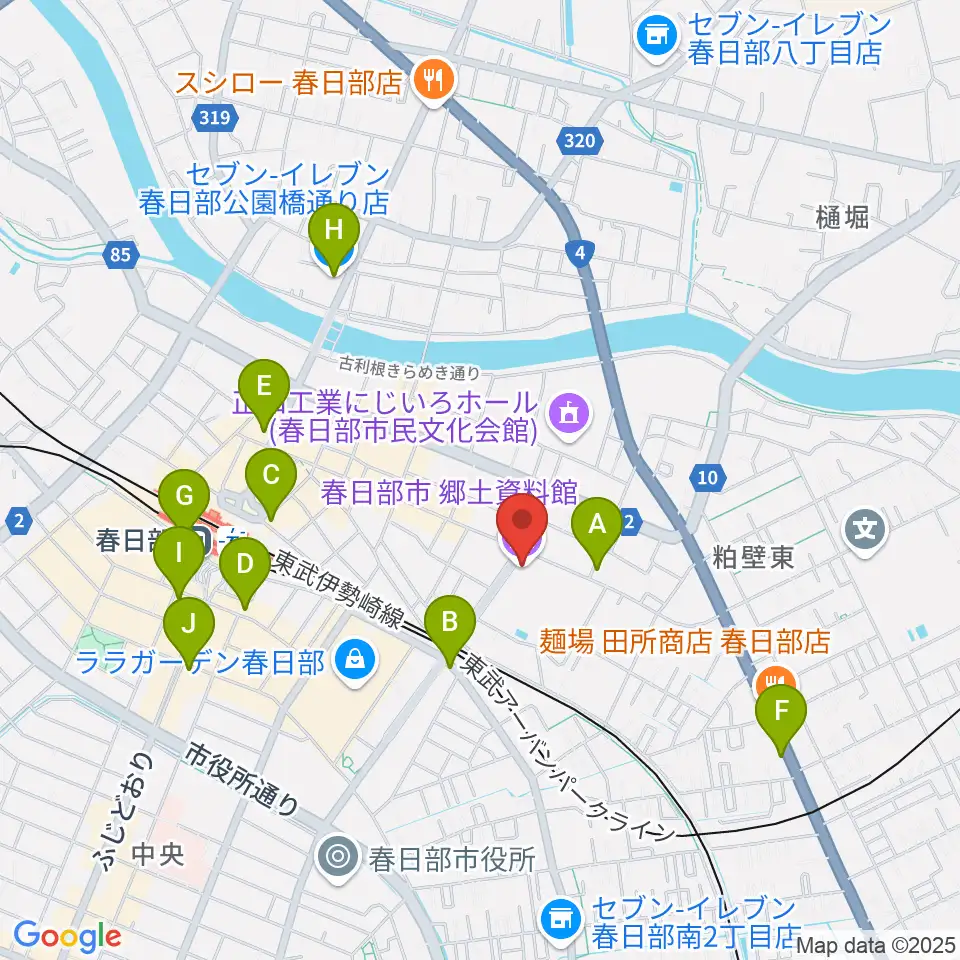 春日部市郷土資料館周辺のコンビニエンスストア一覧地図