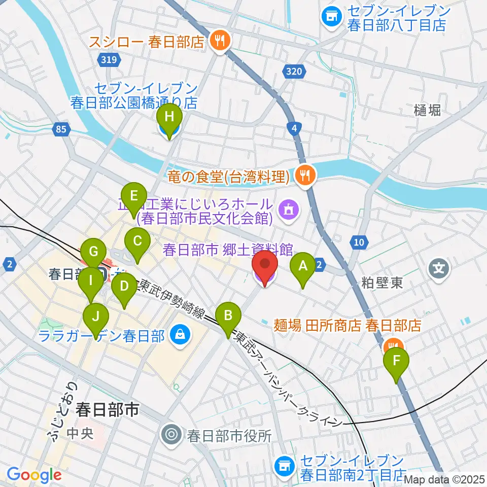 春日部市郷土資料館周辺のコンビニエンスストア一覧地図