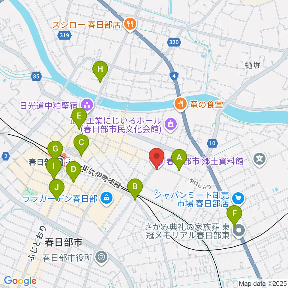 春日部市郷土資料館周辺のコンビニエンスストア一覧地図