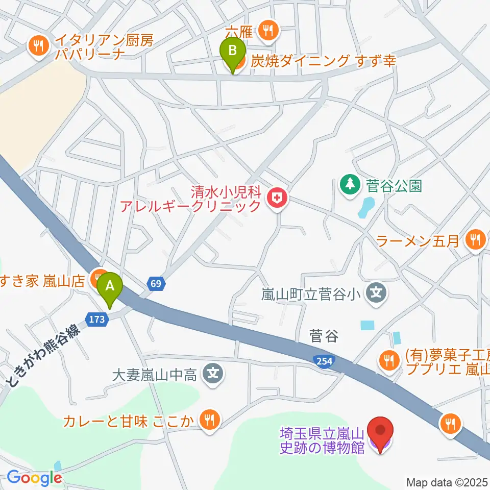 埼玉県立嵐山史跡の博物館周辺のコンビニエンスストア一覧地図
