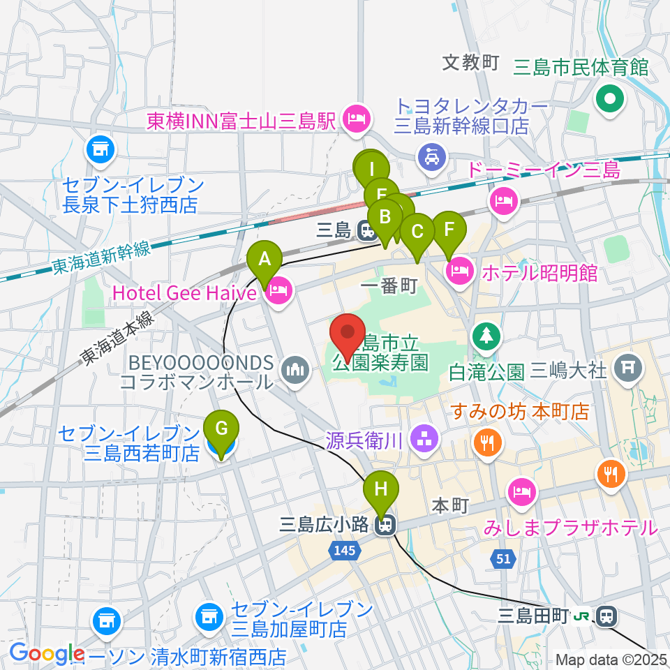 三島市郷土資料館周辺のコンビニエンスストア一覧地図