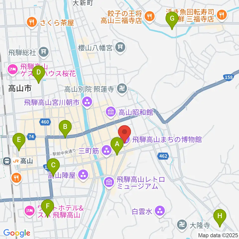 飛騨高山まちの博物館周辺のコンビニエンスストア一覧地図