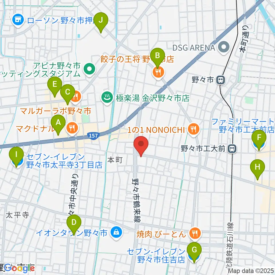 野々市市郷土資料館NONO周辺のコンビニエンスストア一覧地図