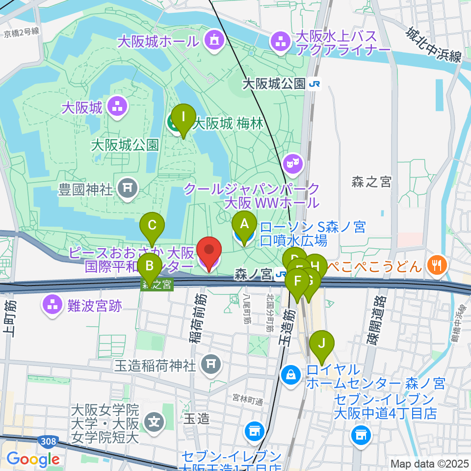 ピースおおさか 大阪国際平和センター周辺のコンビニエンスストア一覧地図