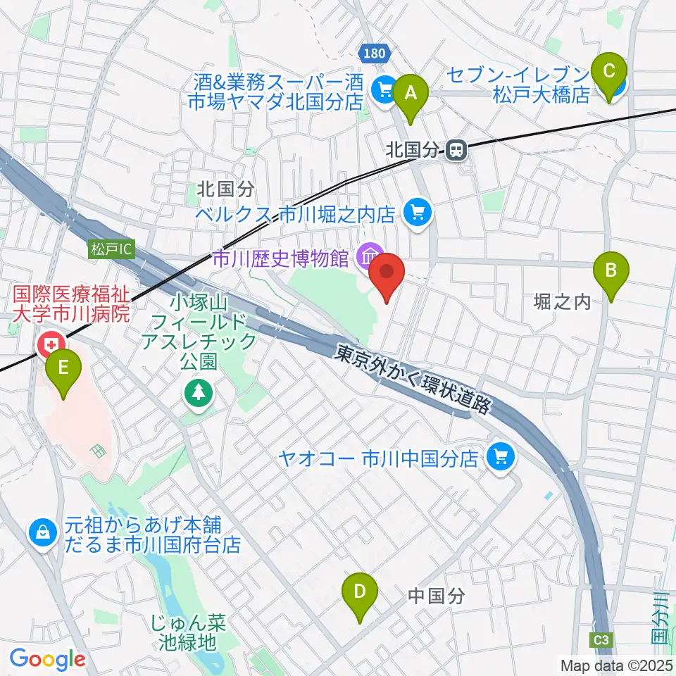 市立市川考古博物館周辺のコンビニエンスストア一覧地図