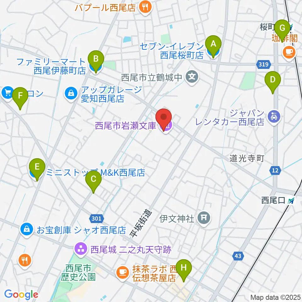 西尾市岩瀬文庫周辺のコンビニエンスストア一覧地図