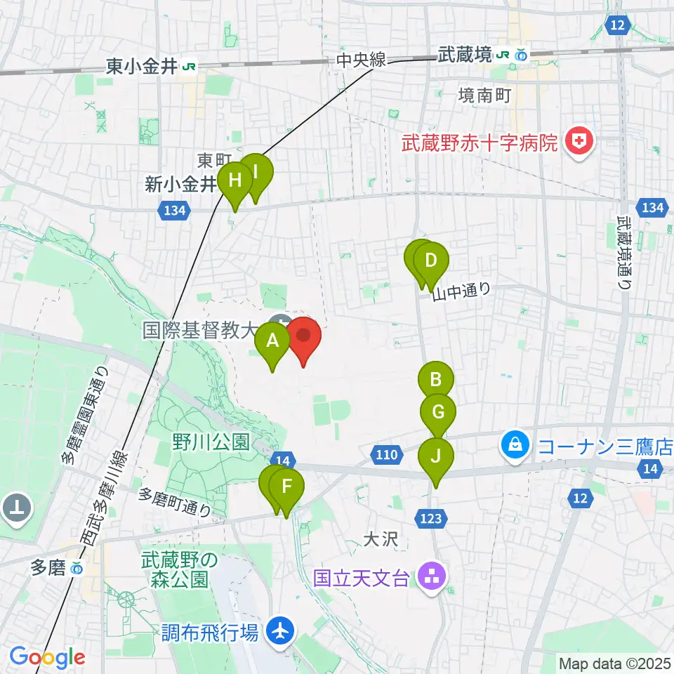 国際基督教大学博物館 湯浅八郎記念館周辺のコンビニエンスストア一覧地図