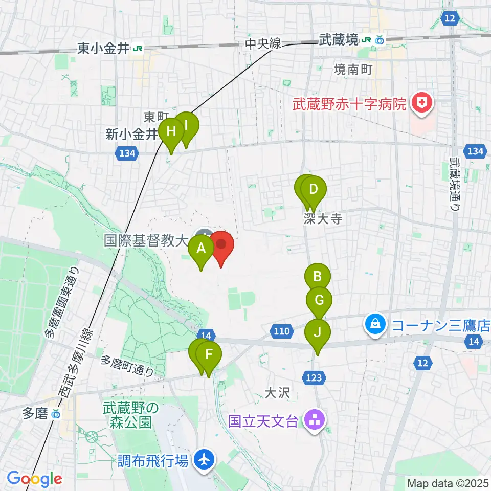 国際基督教大学博物館 湯浅八郎記念館周辺のコンビニエンスストア一覧地図