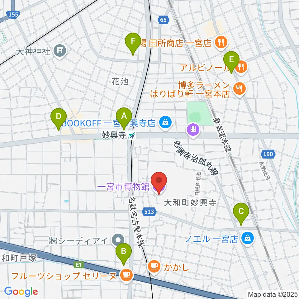 一宮市博物館周辺のコンビニエンスストア一覧地図