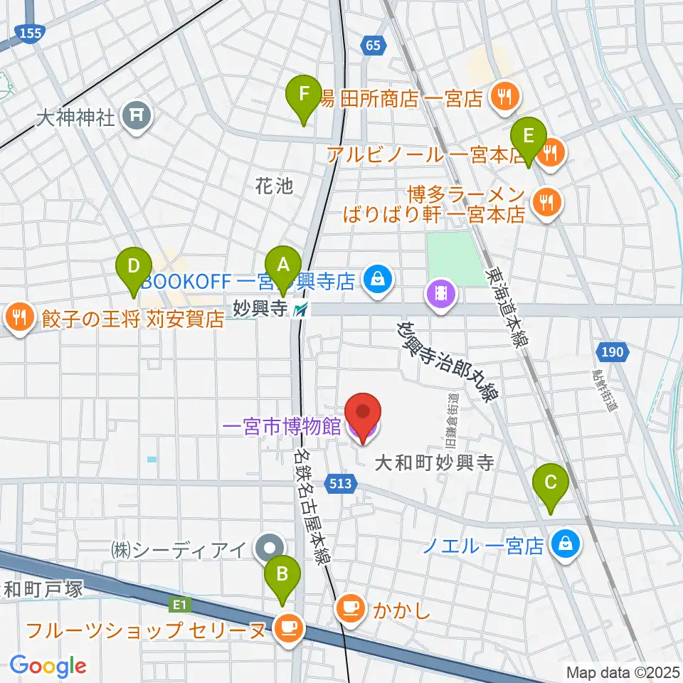 一宮市博物館周辺のコンビニエンスストア一覧地図