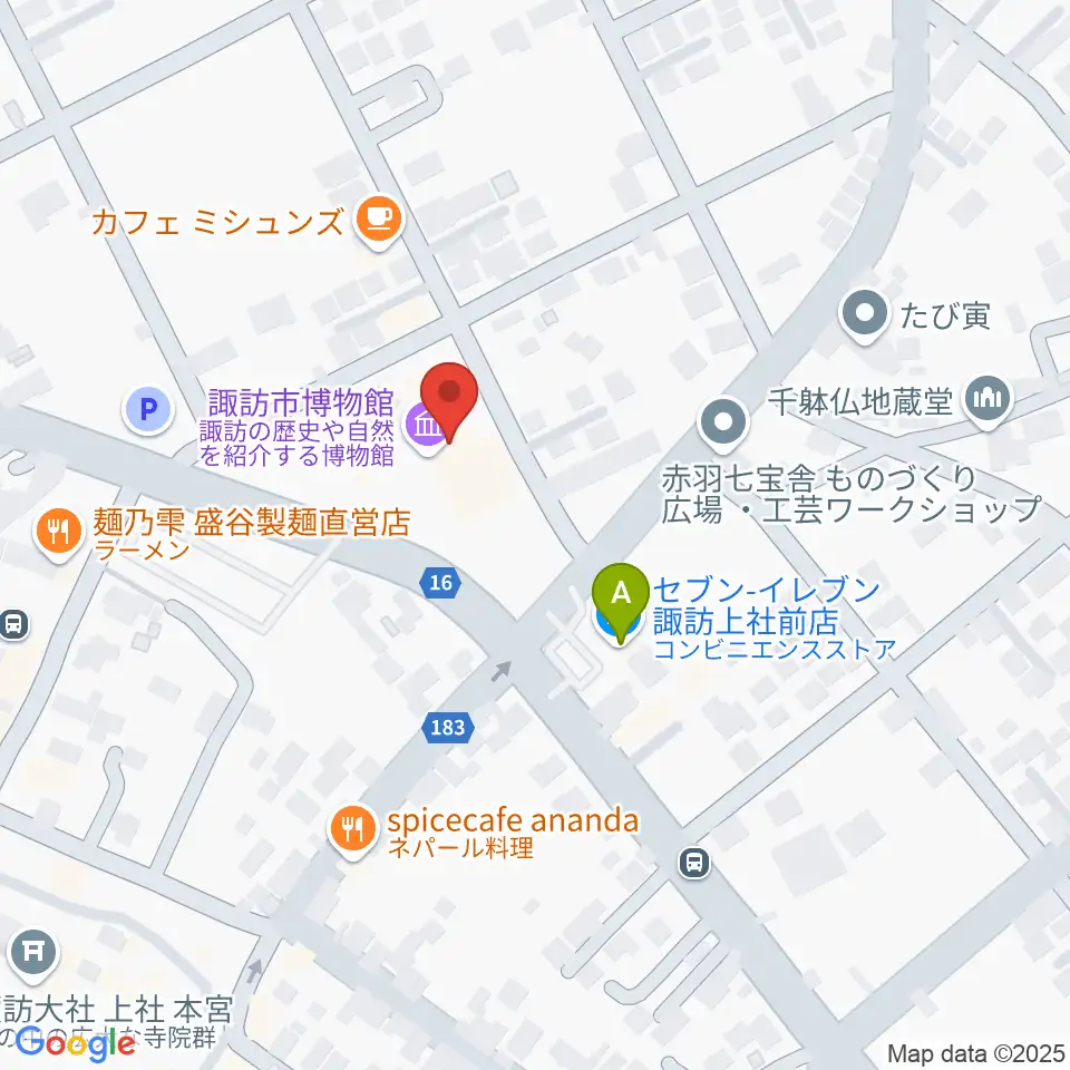 諏訪市博物館周辺のコンビニエンスストア一覧地図