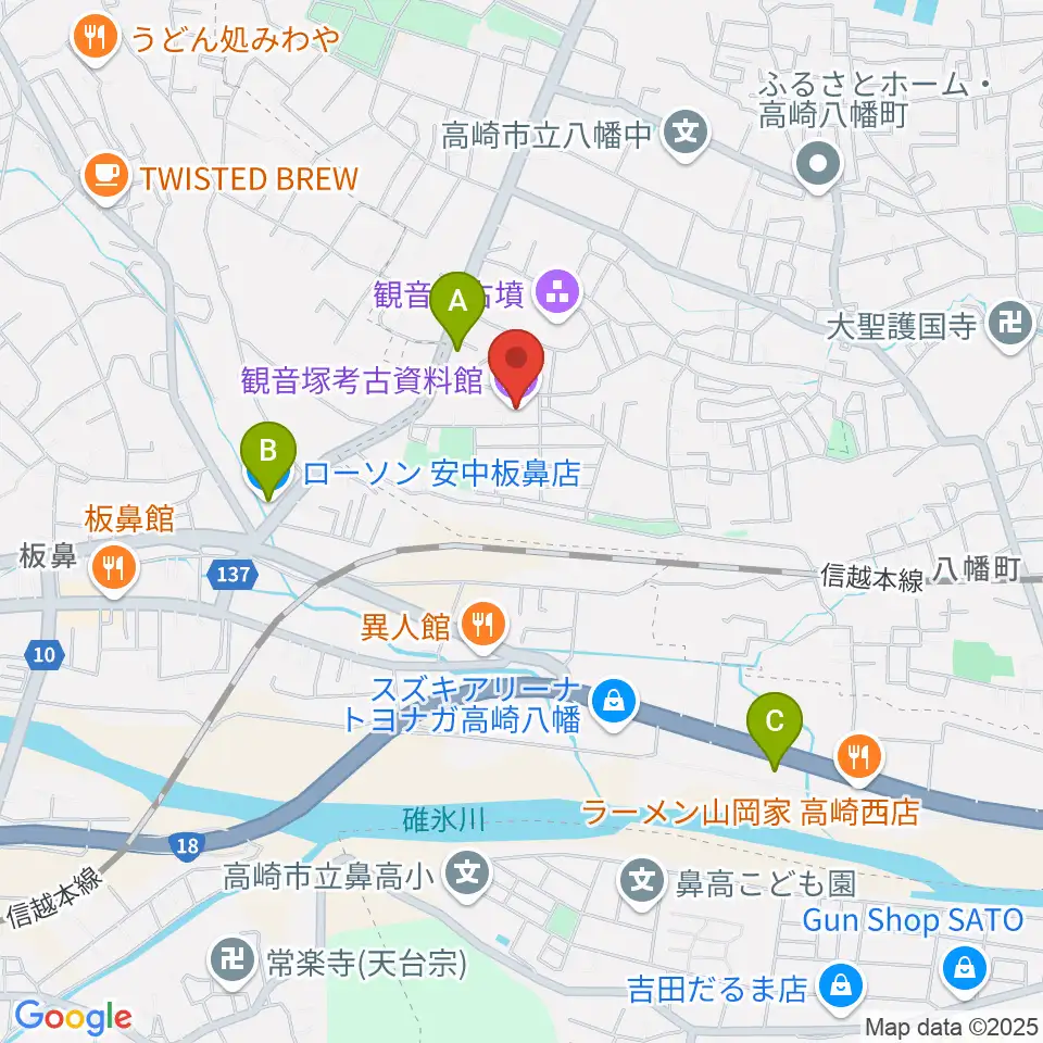 高崎市観音塚考古資料館周辺のコンビニエンスストア一覧地図