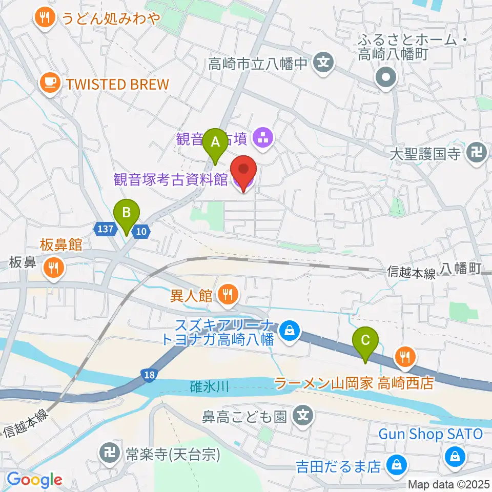 高崎市観音塚考古資料館周辺のコンビニエンスストア一覧地図