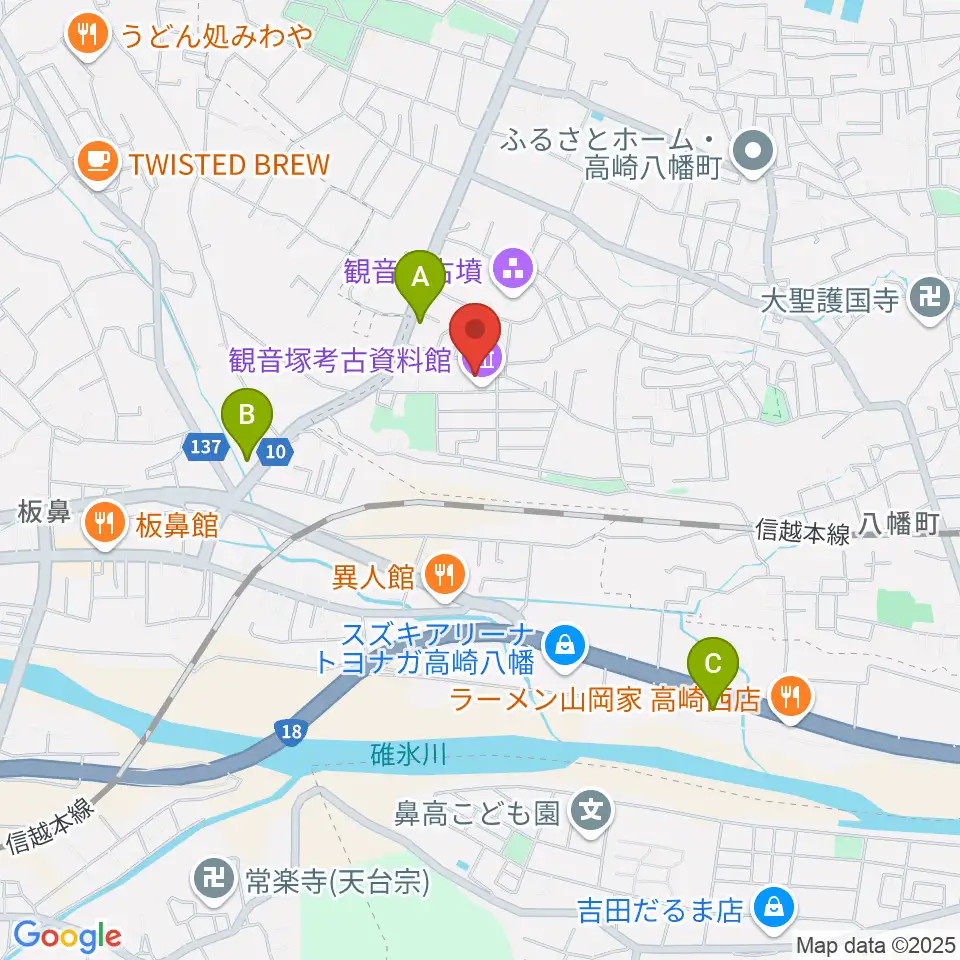 高崎市観音塚考古資料館周辺のコンビニエンスストア一覧地図