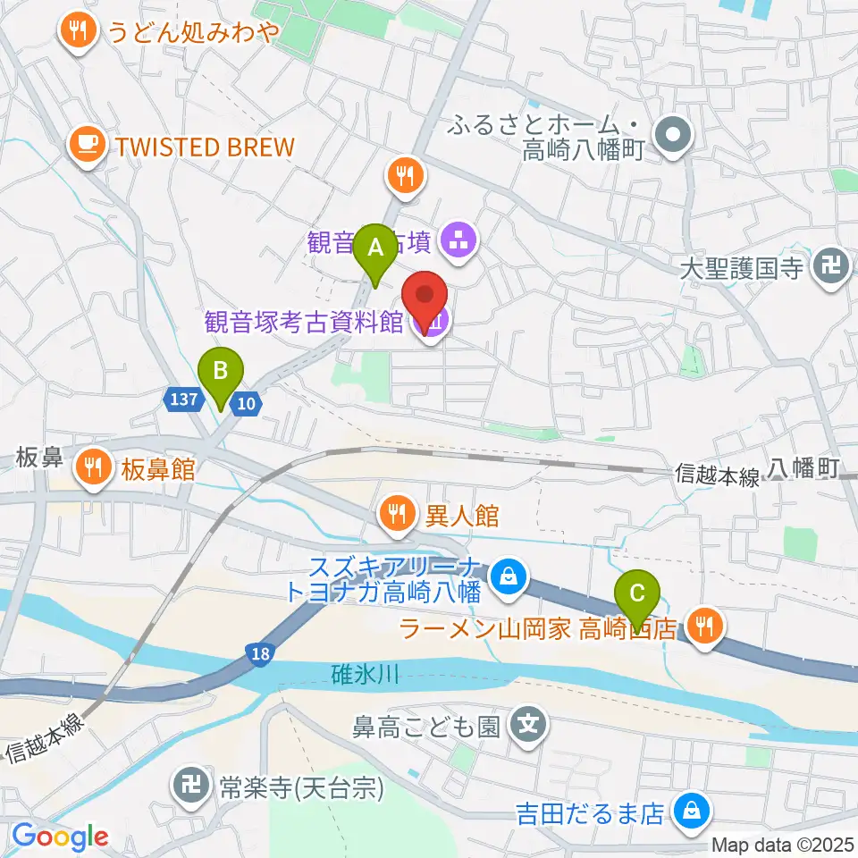 高崎市観音塚考古資料館周辺のコンビニエンスストア一覧地図