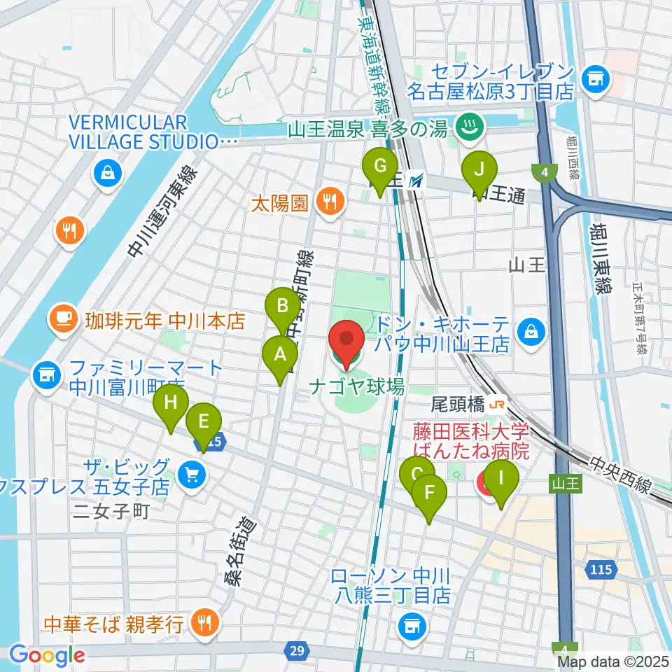 ナゴヤ球場周辺のコンビニエンスストア一覧地図