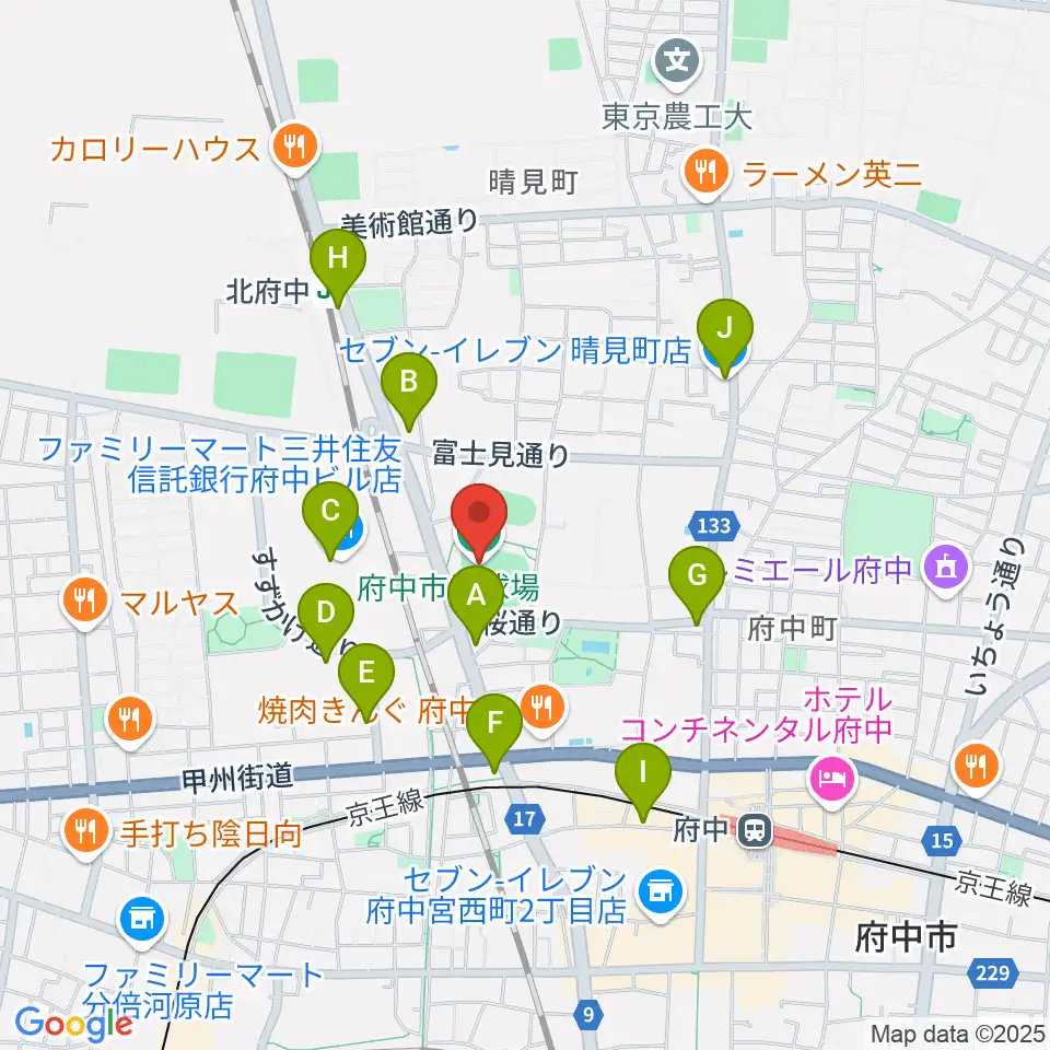 府中市民球場周辺のコンビニエンスストア一覧地図