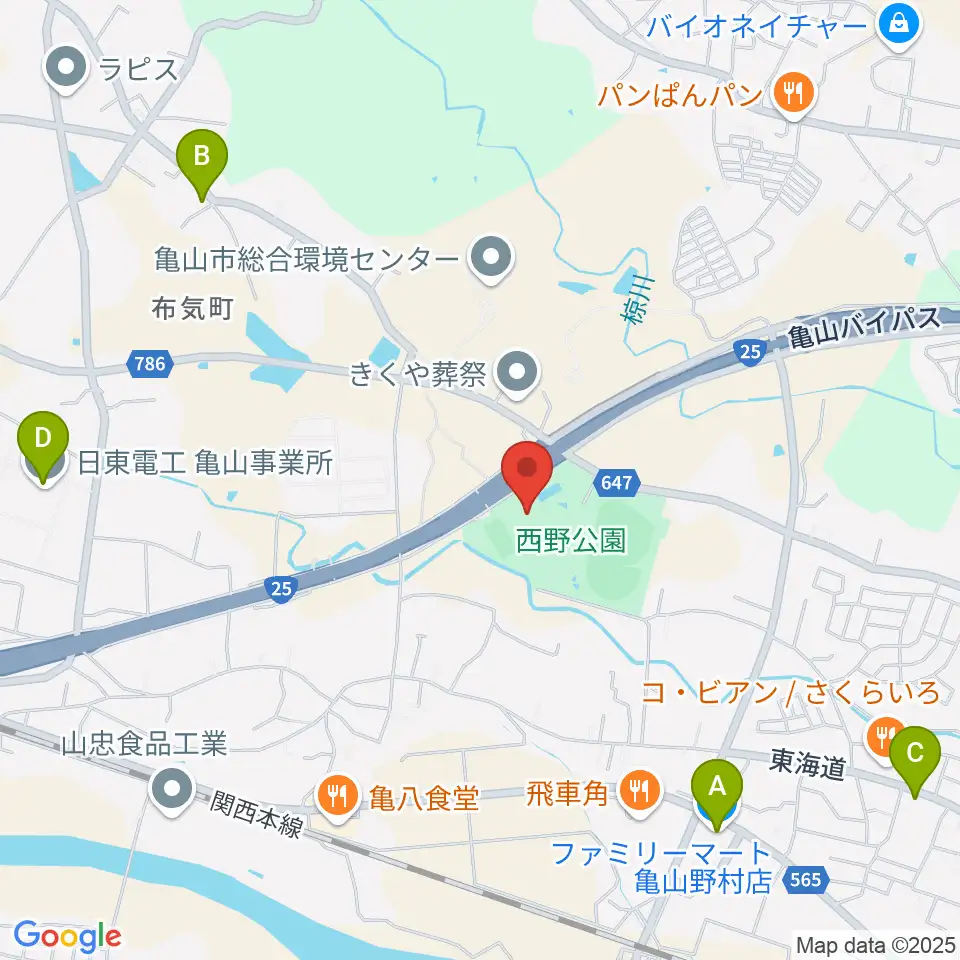 亀山市西野公園体育館周辺のコンビニエンスストア一覧地図