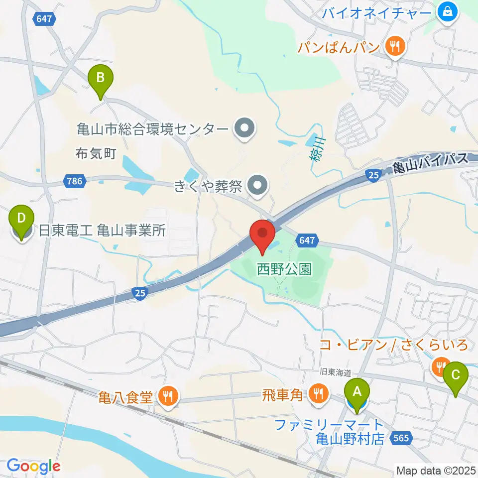 亀山市西野公園体育館周辺のコンビニエンスストア一覧地図