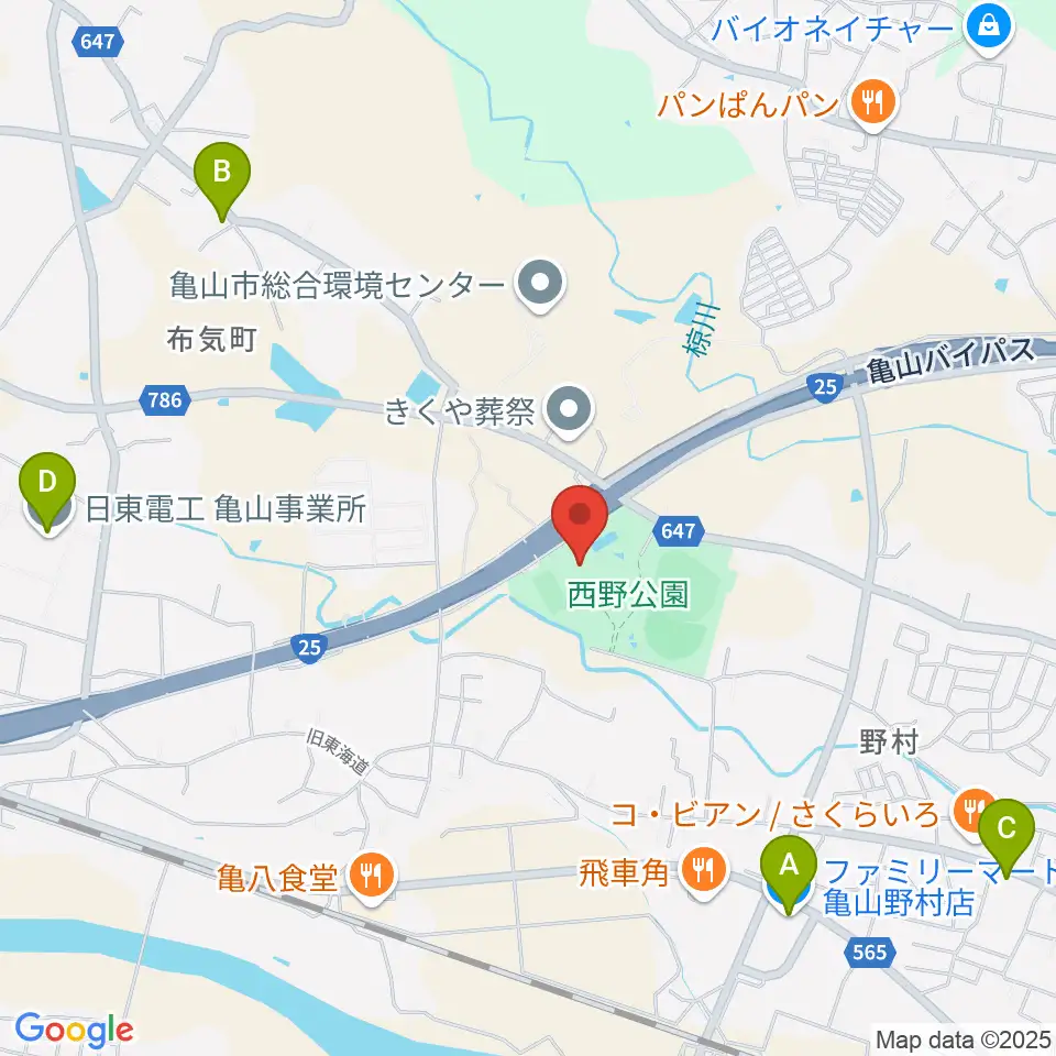 亀山市西野公園体育館周辺のコンビニエンスストア一覧地図